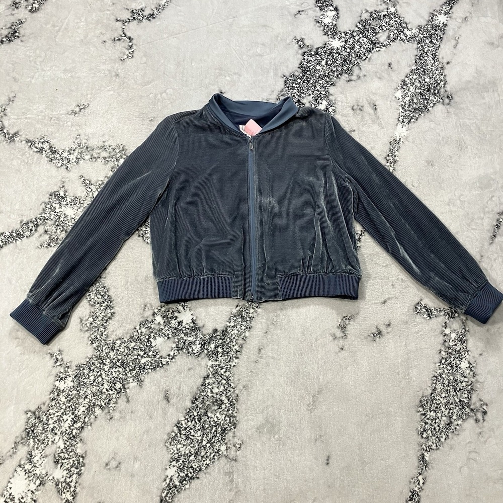 Armani Collezioni Blue Velour Zip‎ Front Jacket Womens Size 12 Italy Silk Blend